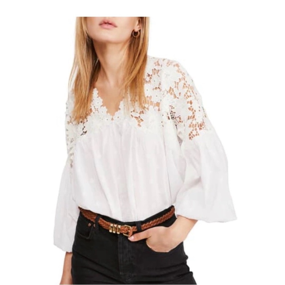 Free People White Floral Crochet Peasant Top